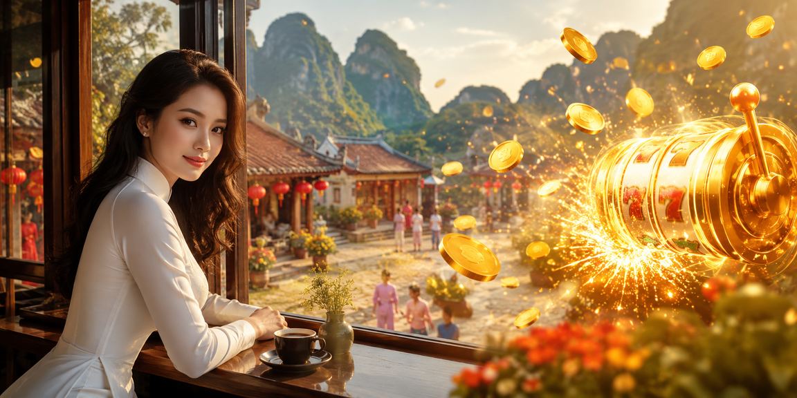 Không gian slot game lấy cảm hứng từ cảnh quan Ninh Bình và trang phục áo dài truyền thống Việt Nam